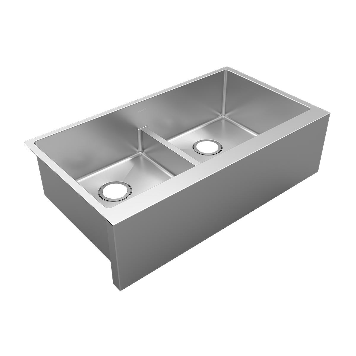 Stainless steel double bowl farmhouse sink with equal-sized basins, divider, and drain holes.
