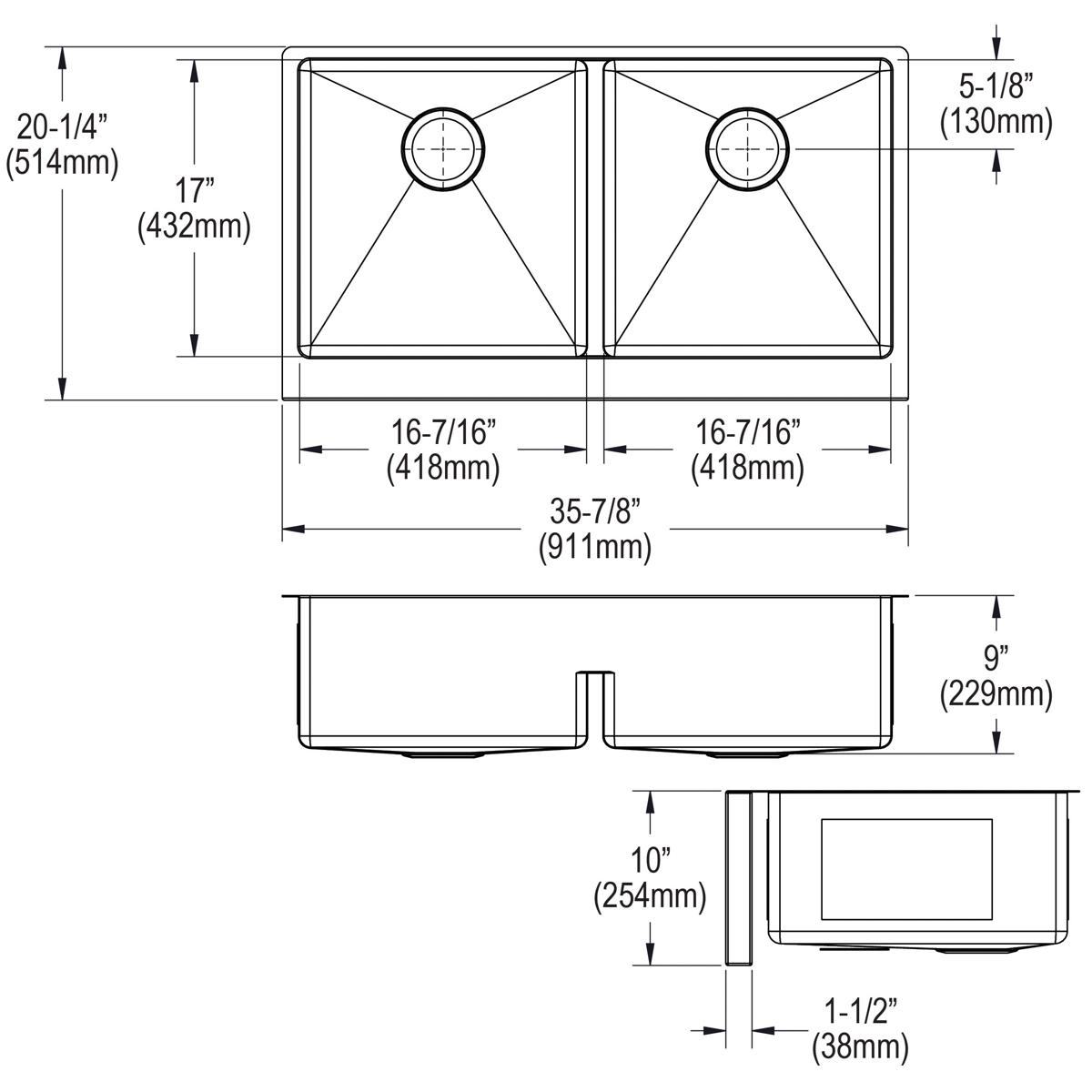 Stainless steel double bowl farmhouse sink with equal-sized basins, top and side views showing dimensions and drain placement