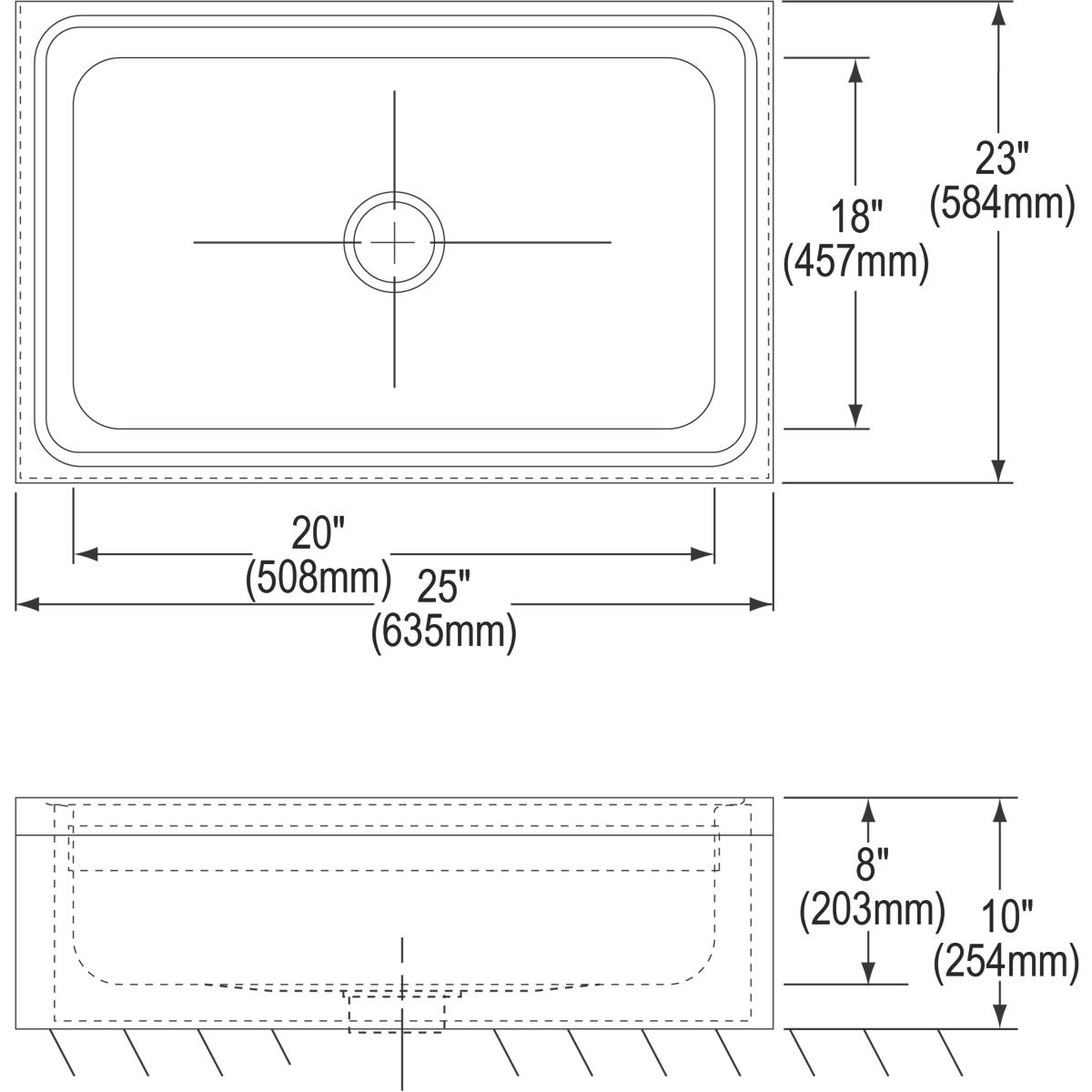 Stainless steel rectangular service sink with single bowl, rounded corners, and center drain opening, shown in top and side v