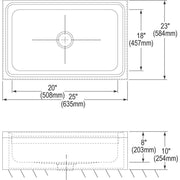 Stainless steel rectangular service sink with single bowl, rounded corners, and center drain opening, shown in top and side v