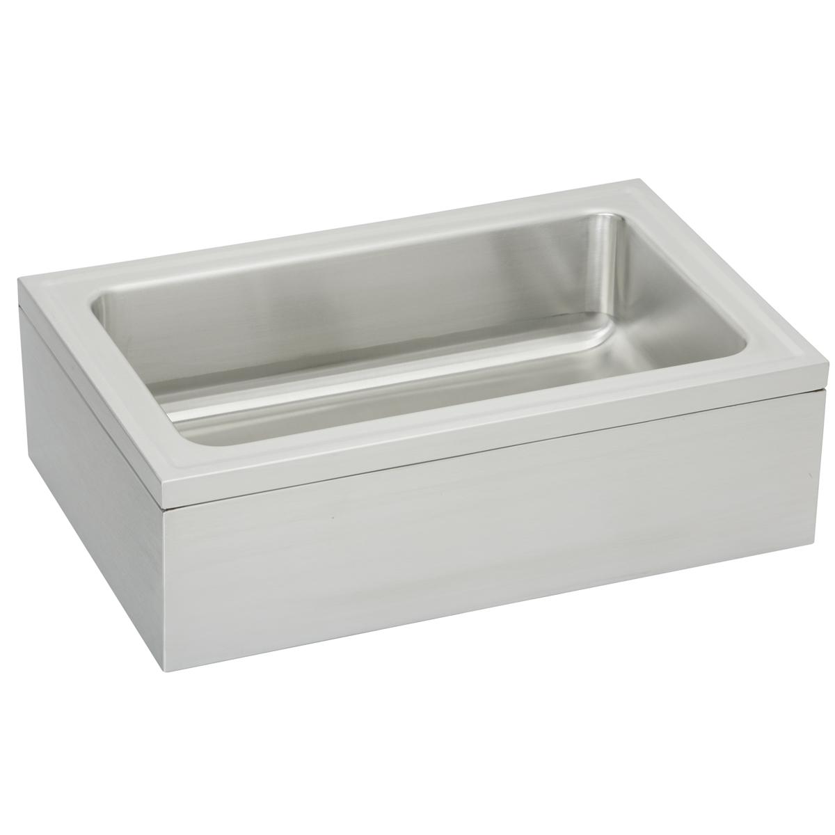 Stainless steel rectangular service sink with single bowl and white apron front mounting base.