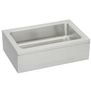 Stainless steel rectangular service sink with single bowl and white apron front mounting base.