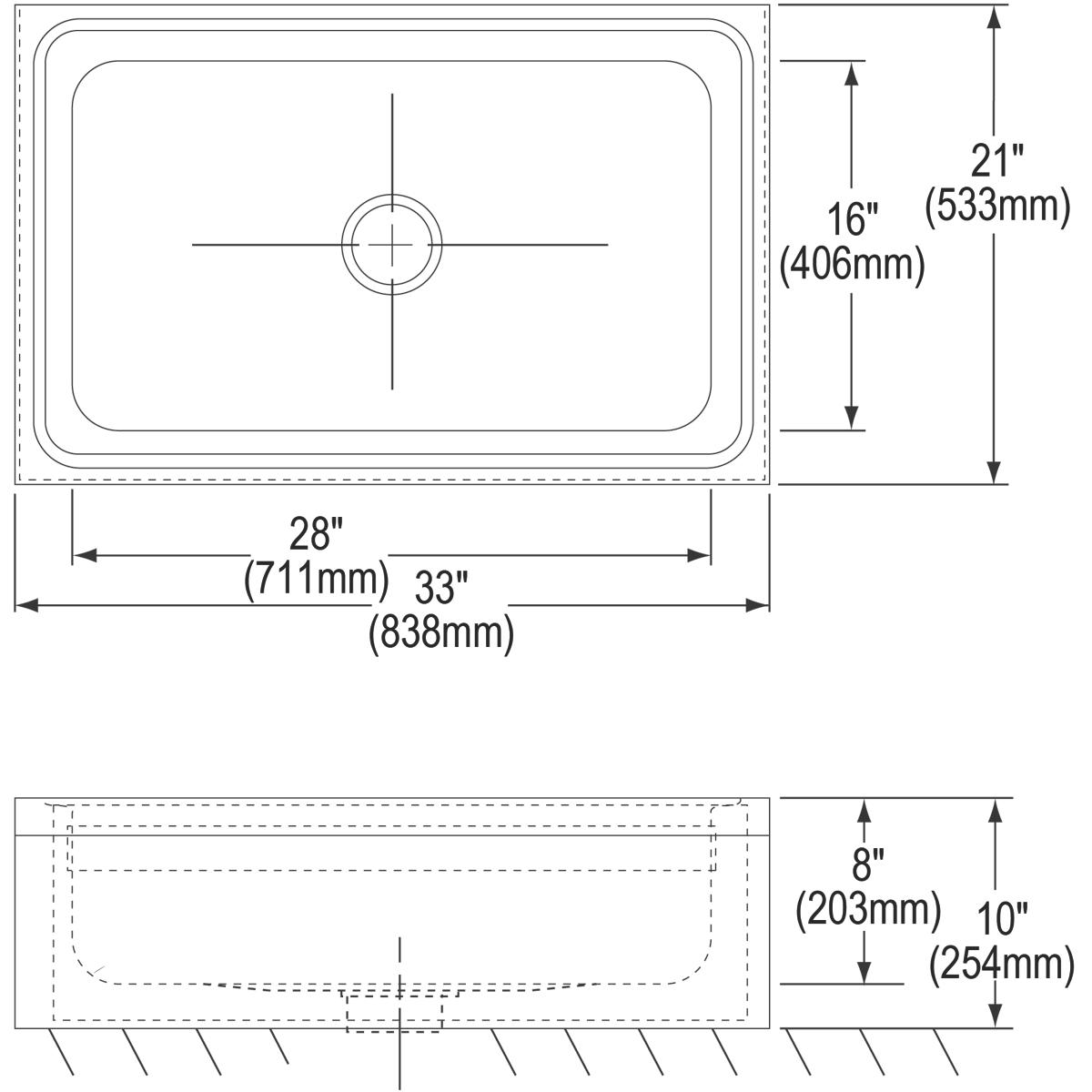 Stainless steel rectangular service sink with single bowl, rounded corners, and center drain opening, shown in top and side v