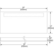 Stainless steel service sink panel with dimensions marked: 25 inches wide by 12 inches tall by 1/2 inch thick.