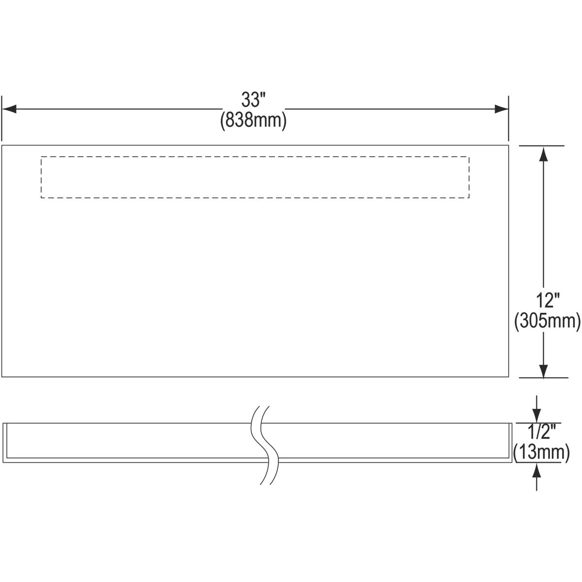 Stainless steel rectangular service sink panel with dimension markings showing 33" width, 12" height, and 1/2" thickness.