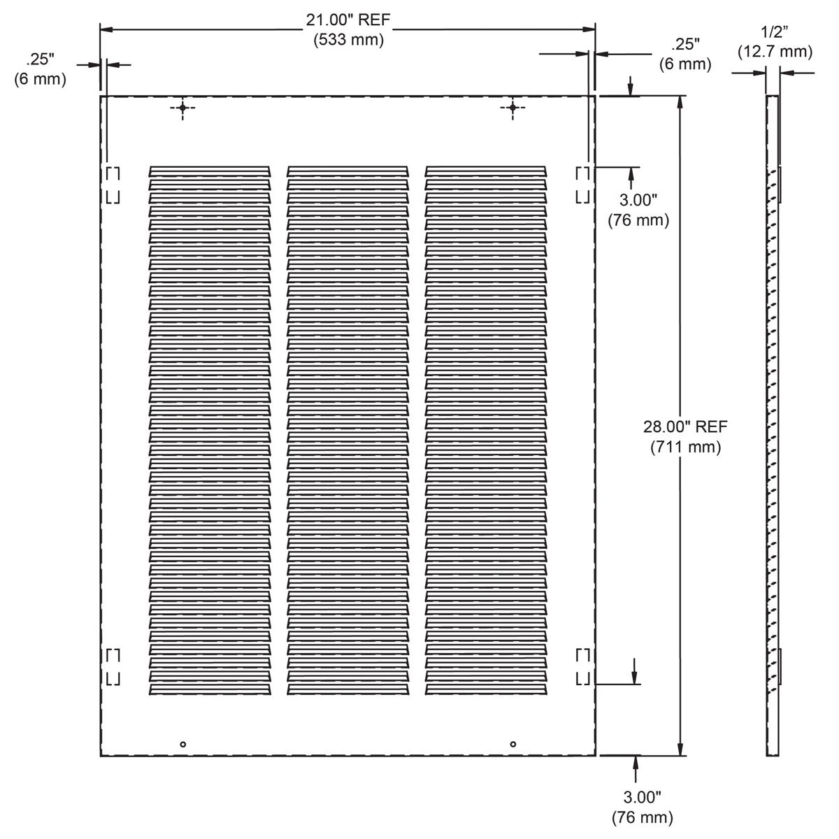 Louvered grill with three vertical slat sections, 21 inches wide by 28 inches tall, with dimension markings.