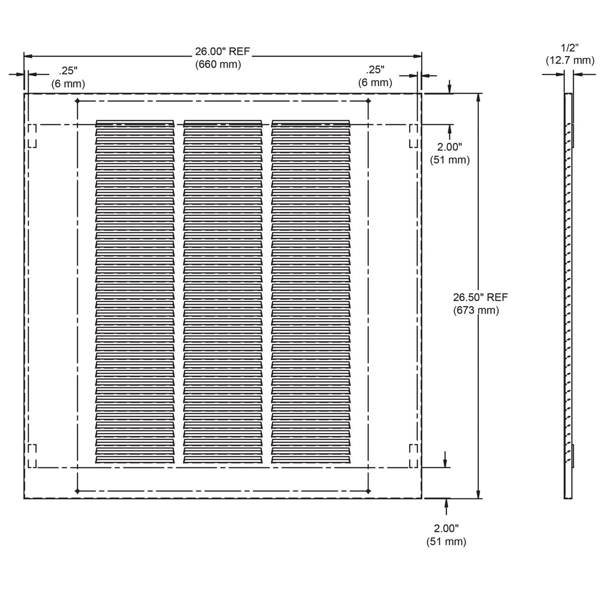 Elkay louvered grill with three vertical louver sections, 26 inches wide by 26.5 inches tall, 0.5 inch depth.