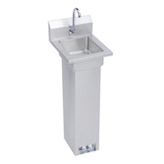 Stainless steel pedestal hand sink with single basin, chrome faucet, and foot valve at base.