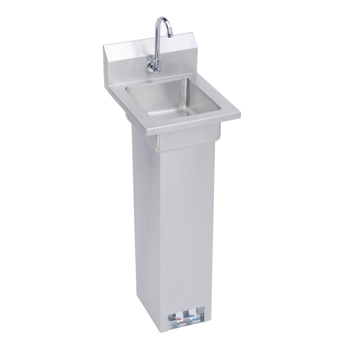Stainless steel pedestal hand sink with single basin, chrome faucet, and foot valve at base.