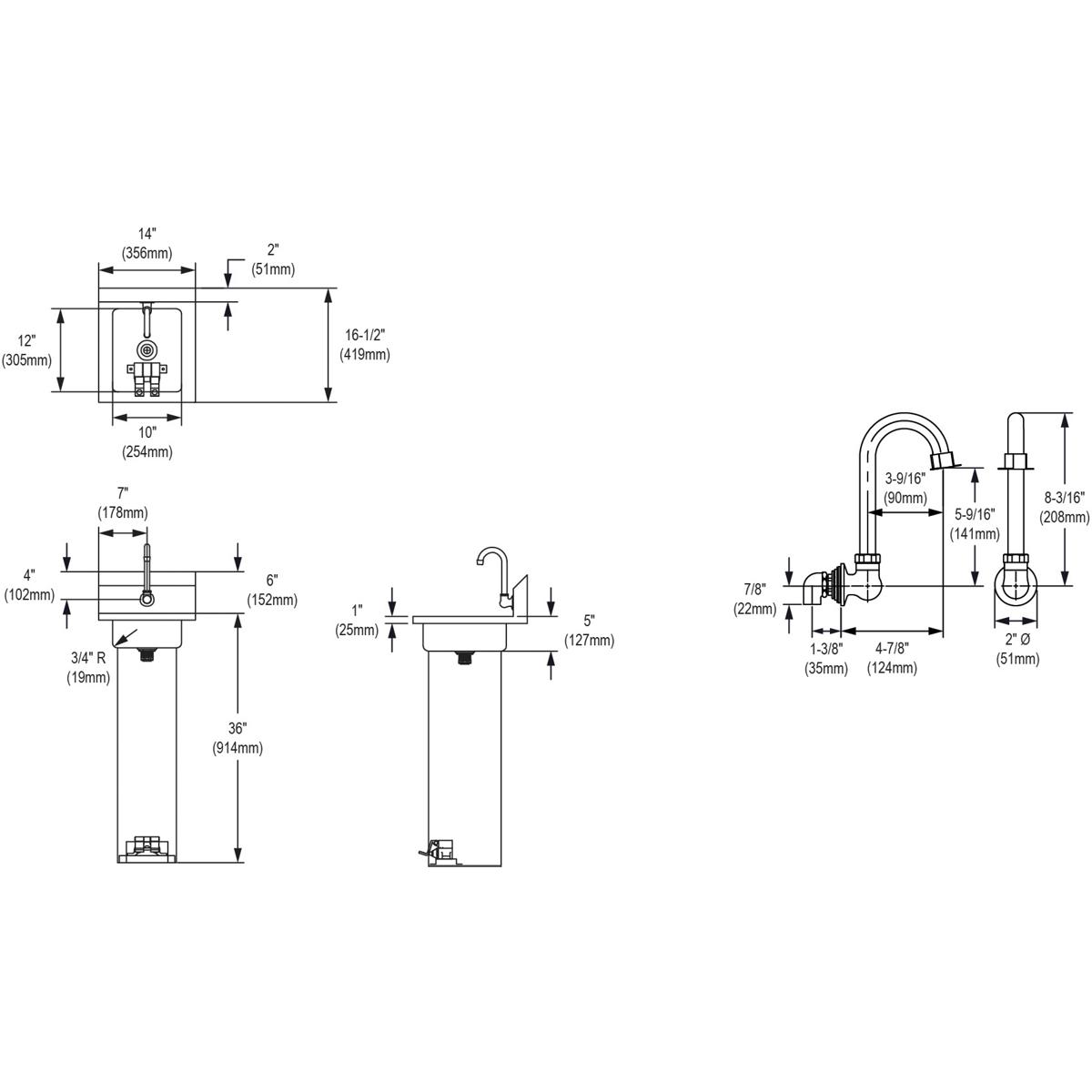 Stainless steel pedestal hand sink with faucet and foot valve shown in technical dimension drawings from multiple angles.