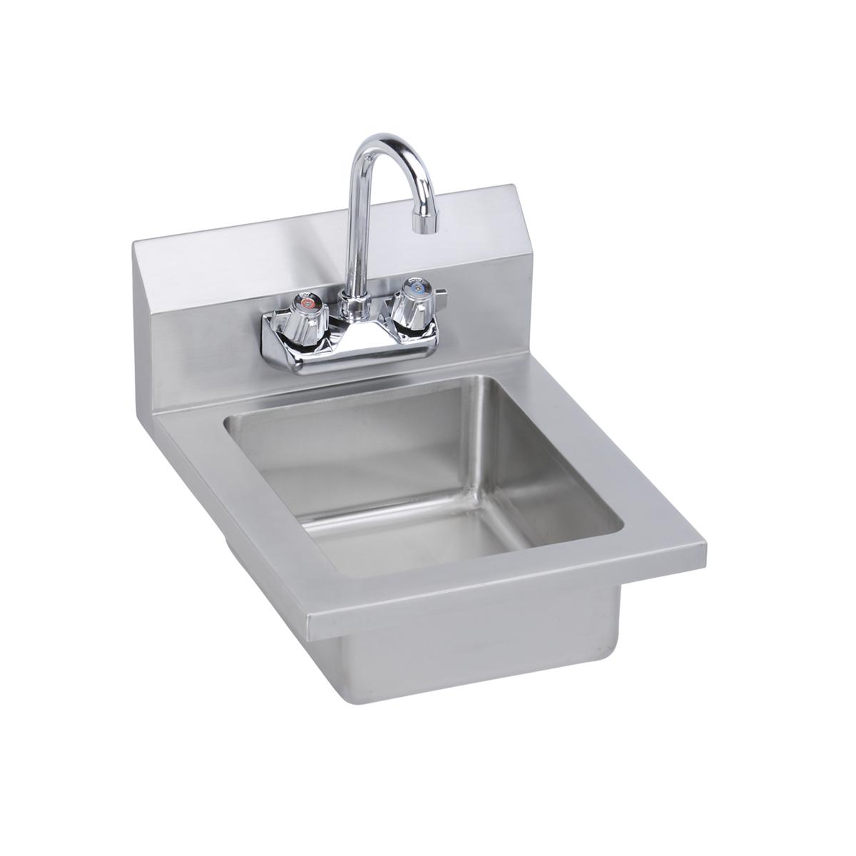 Stainless steel hand sink with integrated basin, chrome faucet with dual handles, and backsplash.