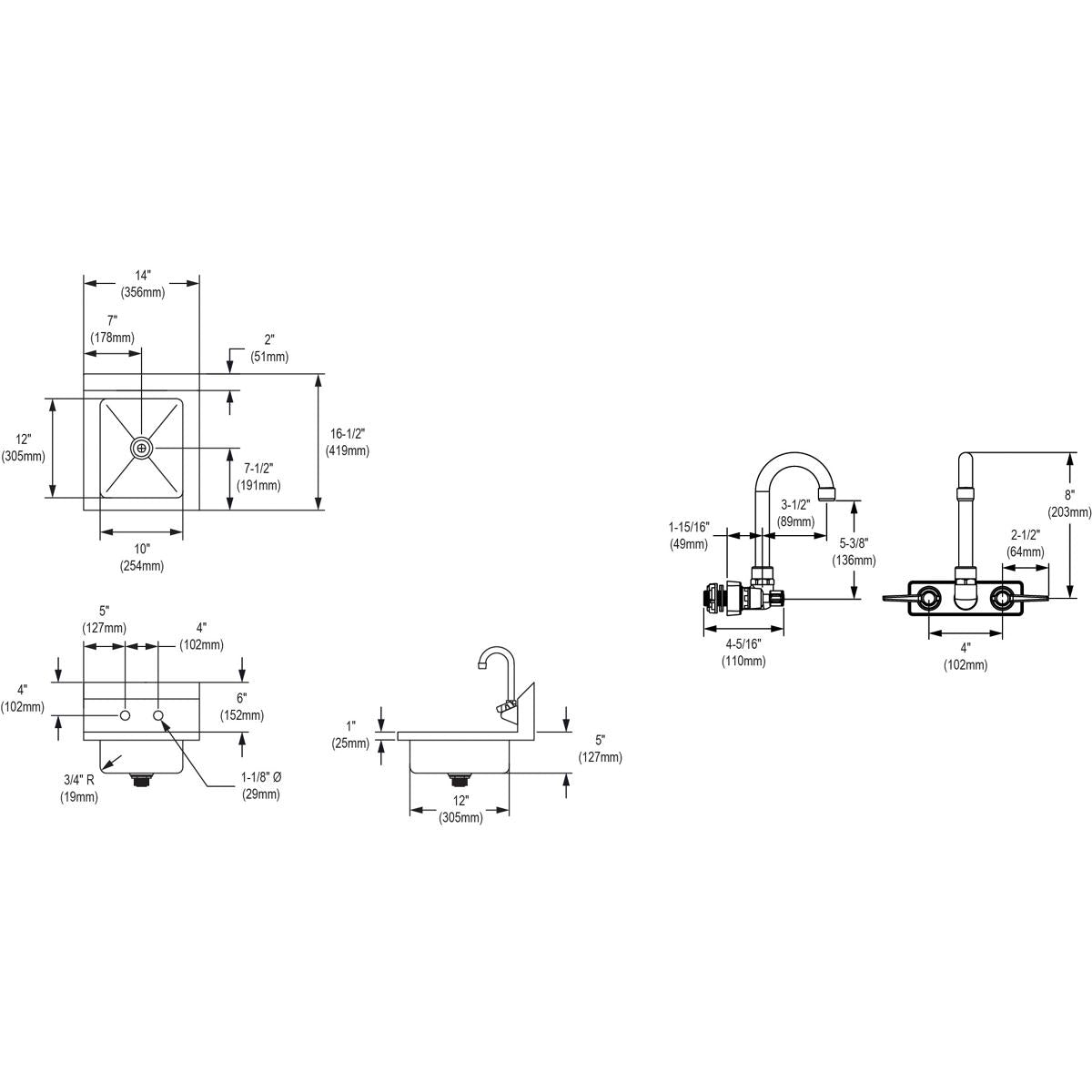 Stainless steel hand sink with single faucet shown in technical diagram with top, front, and side views with dimensions.