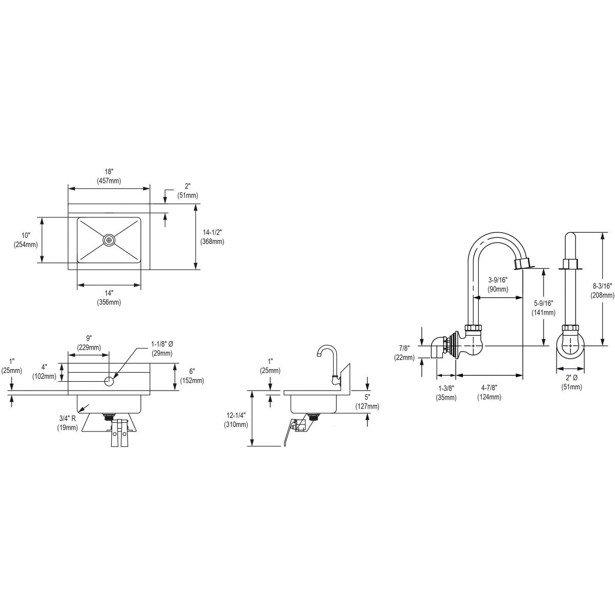 Stainless steel hand sink with integrated faucet and knee valve, shown in technical diagram with dimensions and plumbing spec