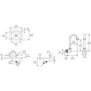 Stainless steel hand sink with integrated faucet and knee valve, shown in technical diagram with dimensions and plumbing spec