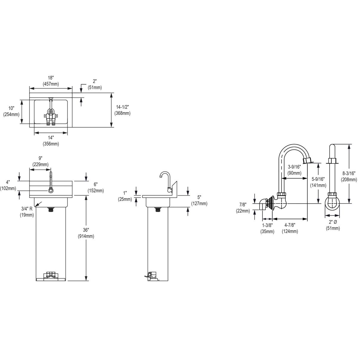 Technical schematic showing top, side, and detail views of a stainless steel pedestal hand sink with faucet and foot valve, i