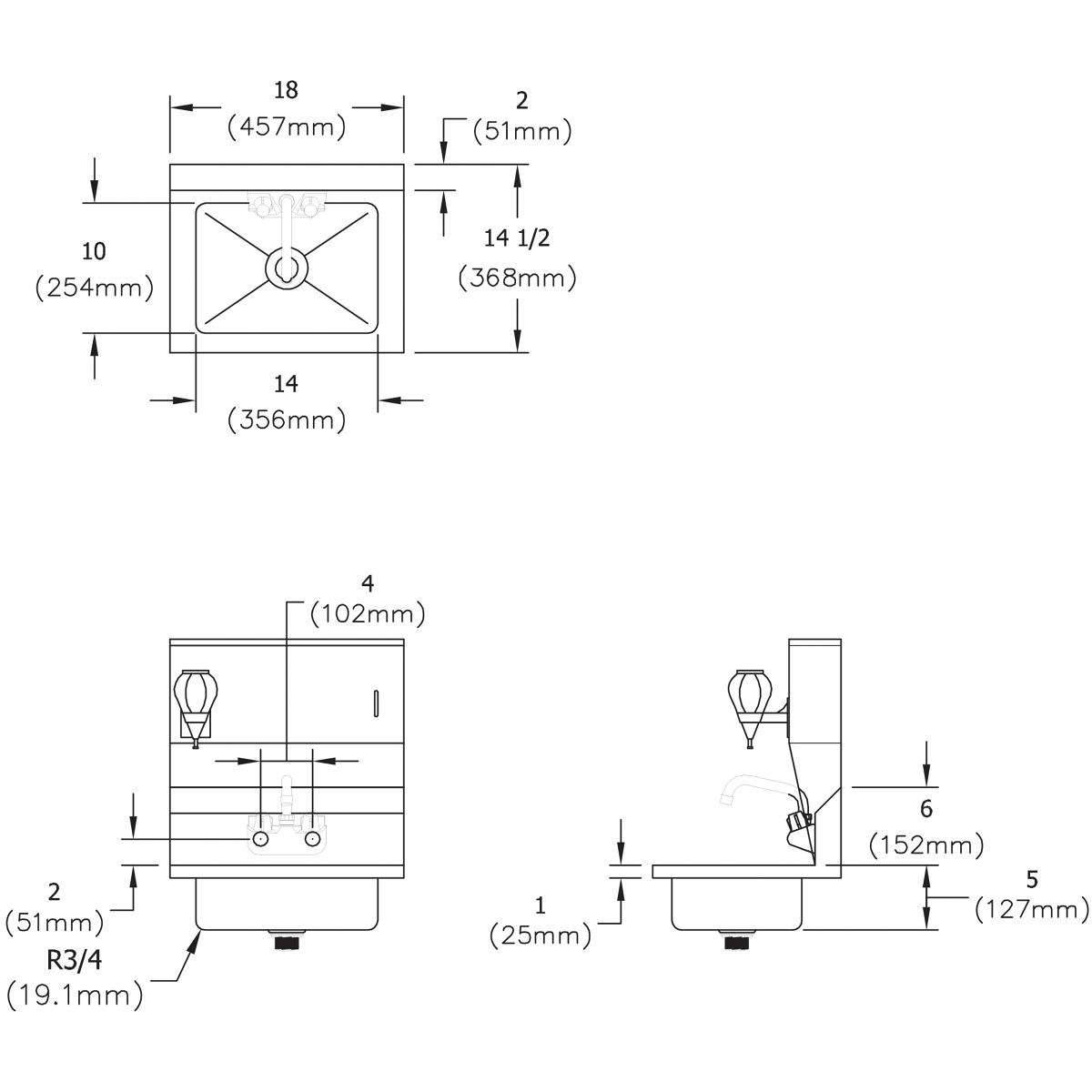 Stainless steel hand sink with integrated soap and towel dispensers and faucet, shown in top and side technical drawings with