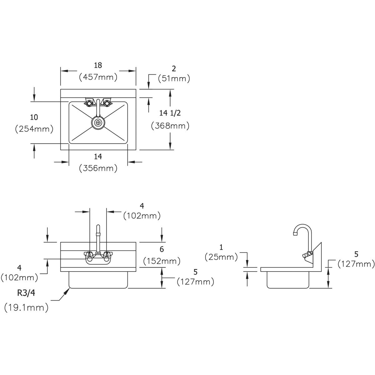 Stainless steel hand sink with dual faucet handles, top and side view technical drawings showing dimensions and drain configu