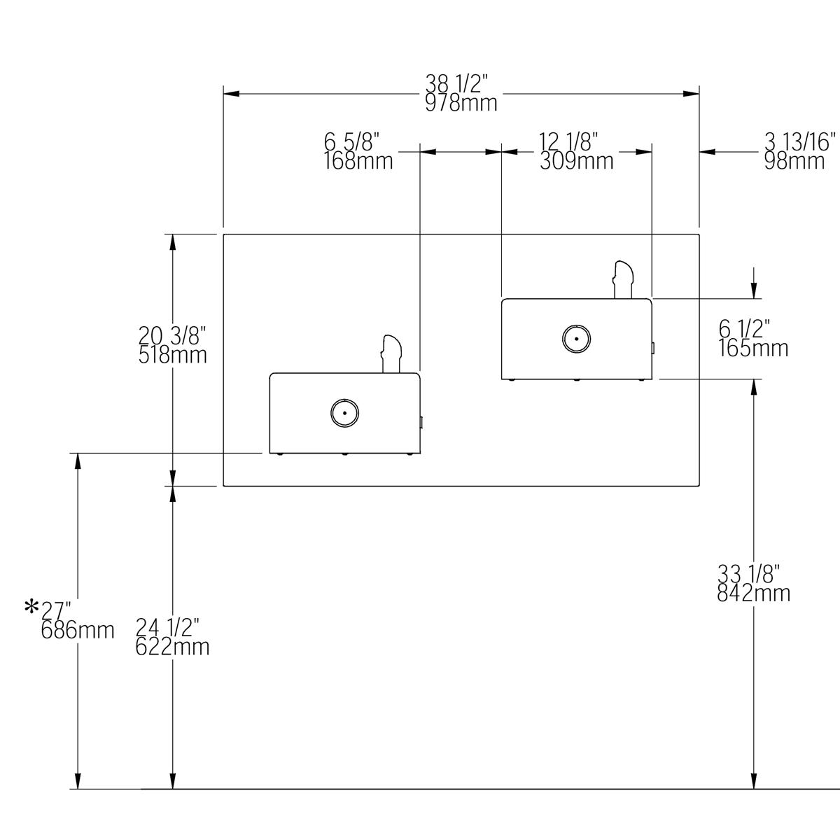 Technical schematic of stainless steel bi-level drinking fountain with two water bowls and labeled dimensions in inches and m