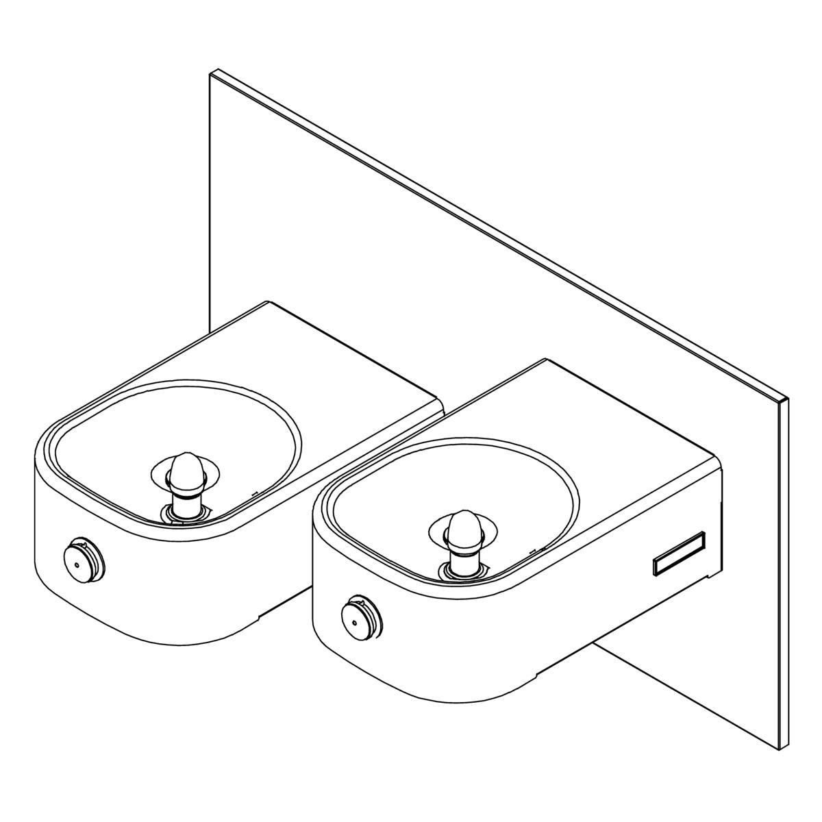 Stainless steel wall-mounted drinking fountain with two rounded basins at different heights and bubble fountains.
