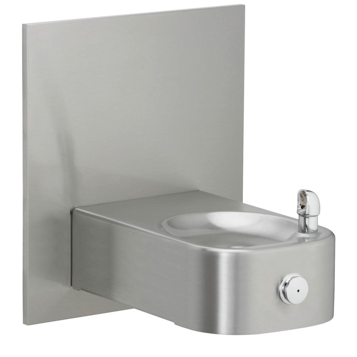 Stainless steel wall-mounted water fountain with single basin, push-button control, and protective backsplash.