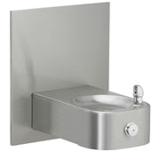Stainless steel wall-mounted water fountain with single basin, push-button control, and protective backsplash.