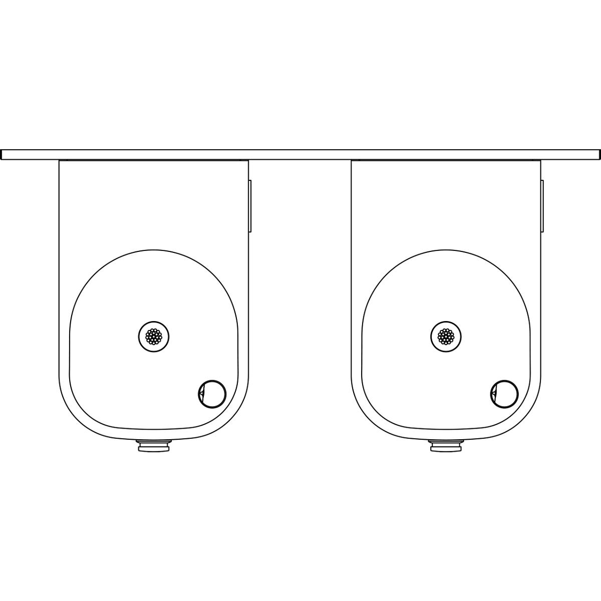 Stainless steel bi-level drinking fountain with two rounded basins, each with a central water outlet and side valve.