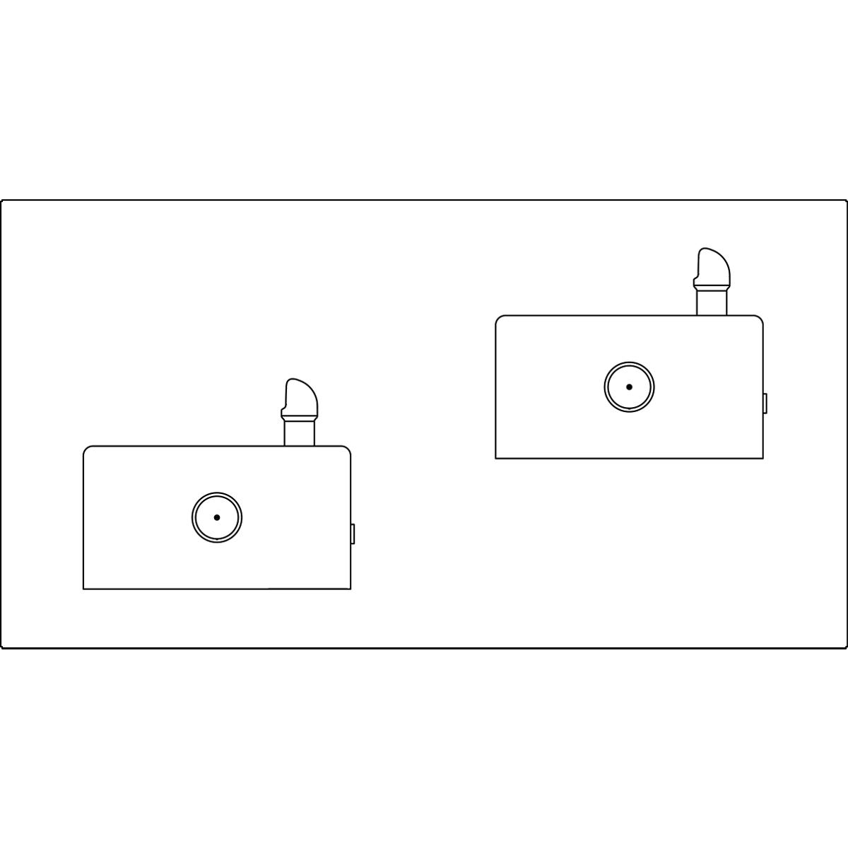 Two stainless steel water fountains with bi-level design, each featuring a drinking spout and circular valve opening.