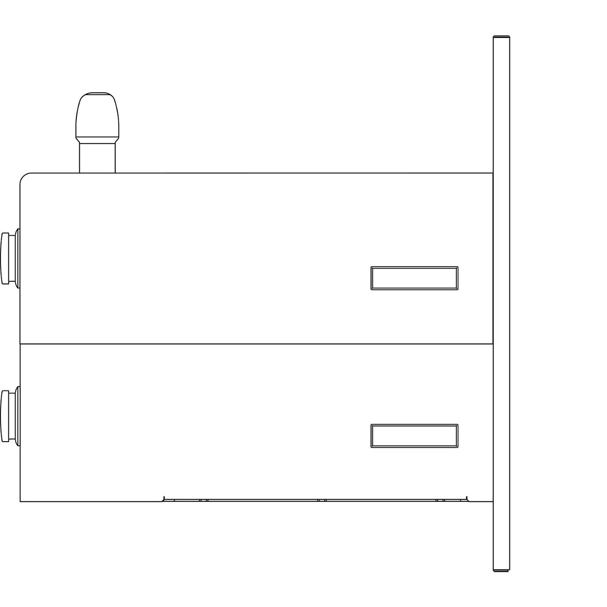 Stainless steel bi-level water fountain with two drinking stations and single top-mounted spout.