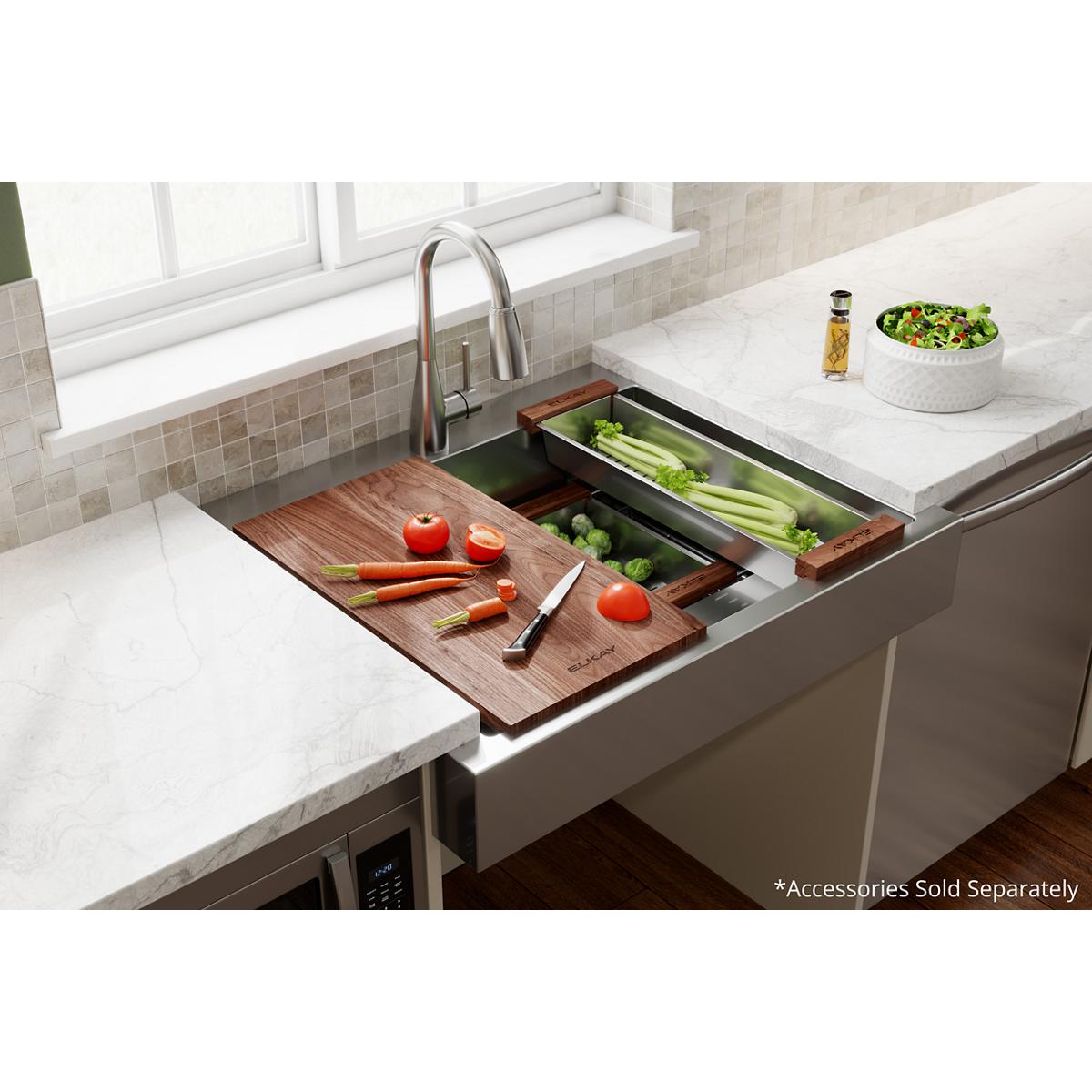 Stainless steel farmhouse sink with single bowl, work shelf, and wooden cutting board accessories in kitchen countertop setti