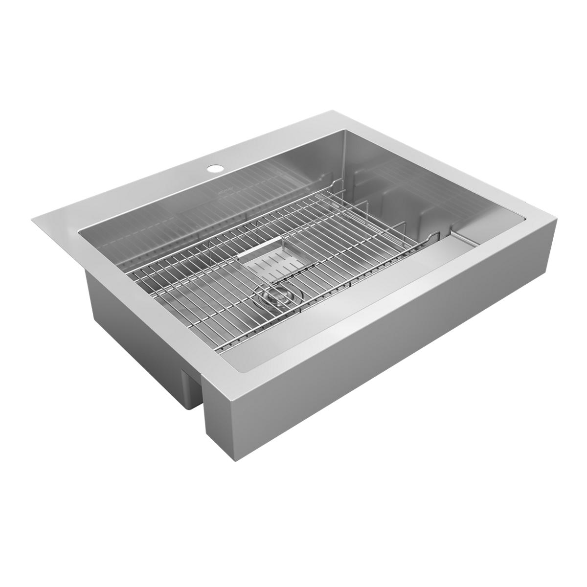 Stainless steel single bowl farmhouse sink with integrated work shelf and metal drain basket insert.