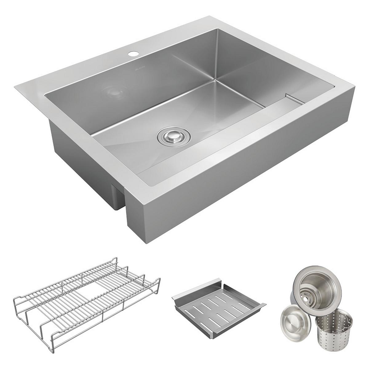Stainless steel single bowl farmhouse sink with one hole and work shelf, shown with wire drying rack, strainer basket, and co