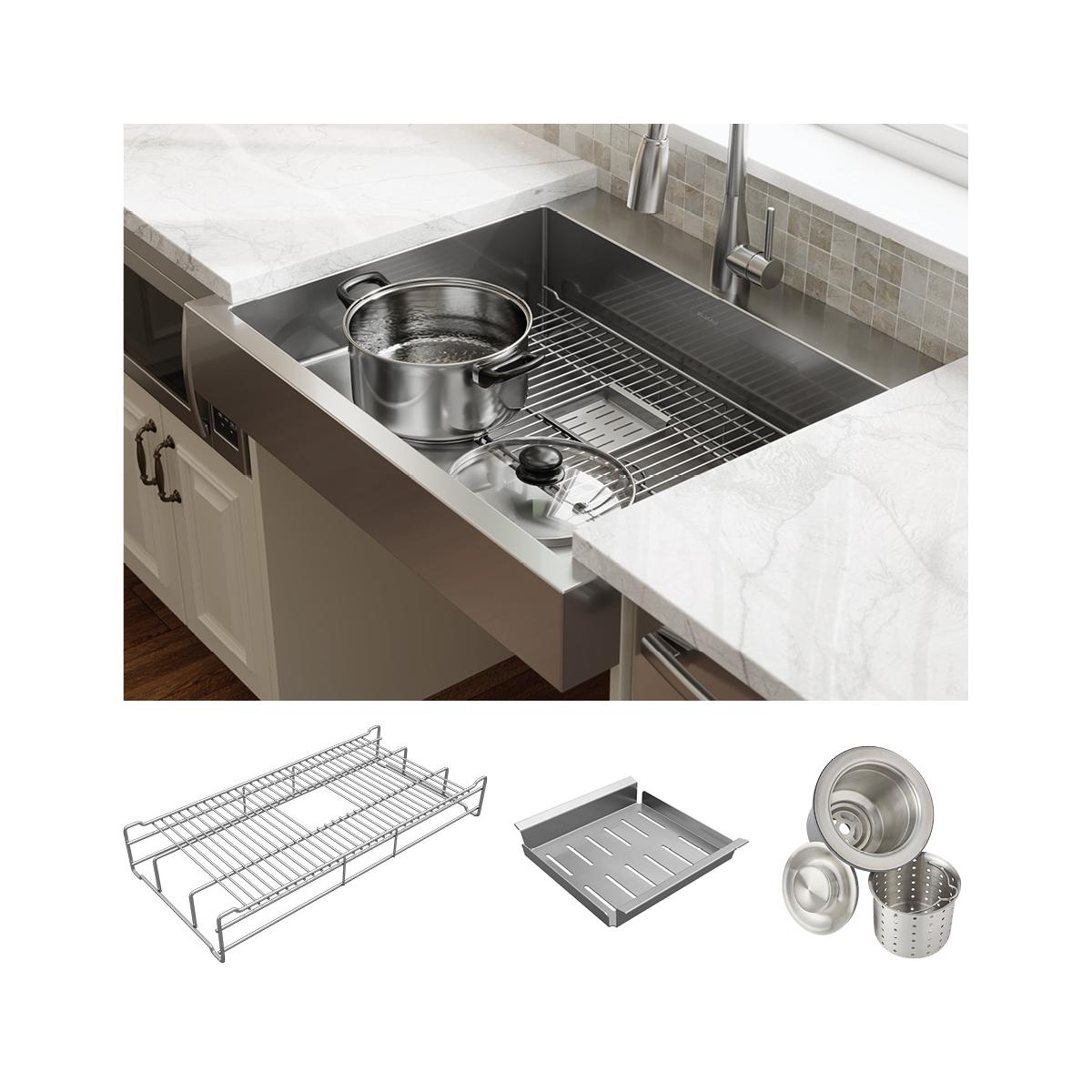 Stainless steel single-bowl farmhouse sink with work shelf, grate, strainer basket, and colander accessories included.