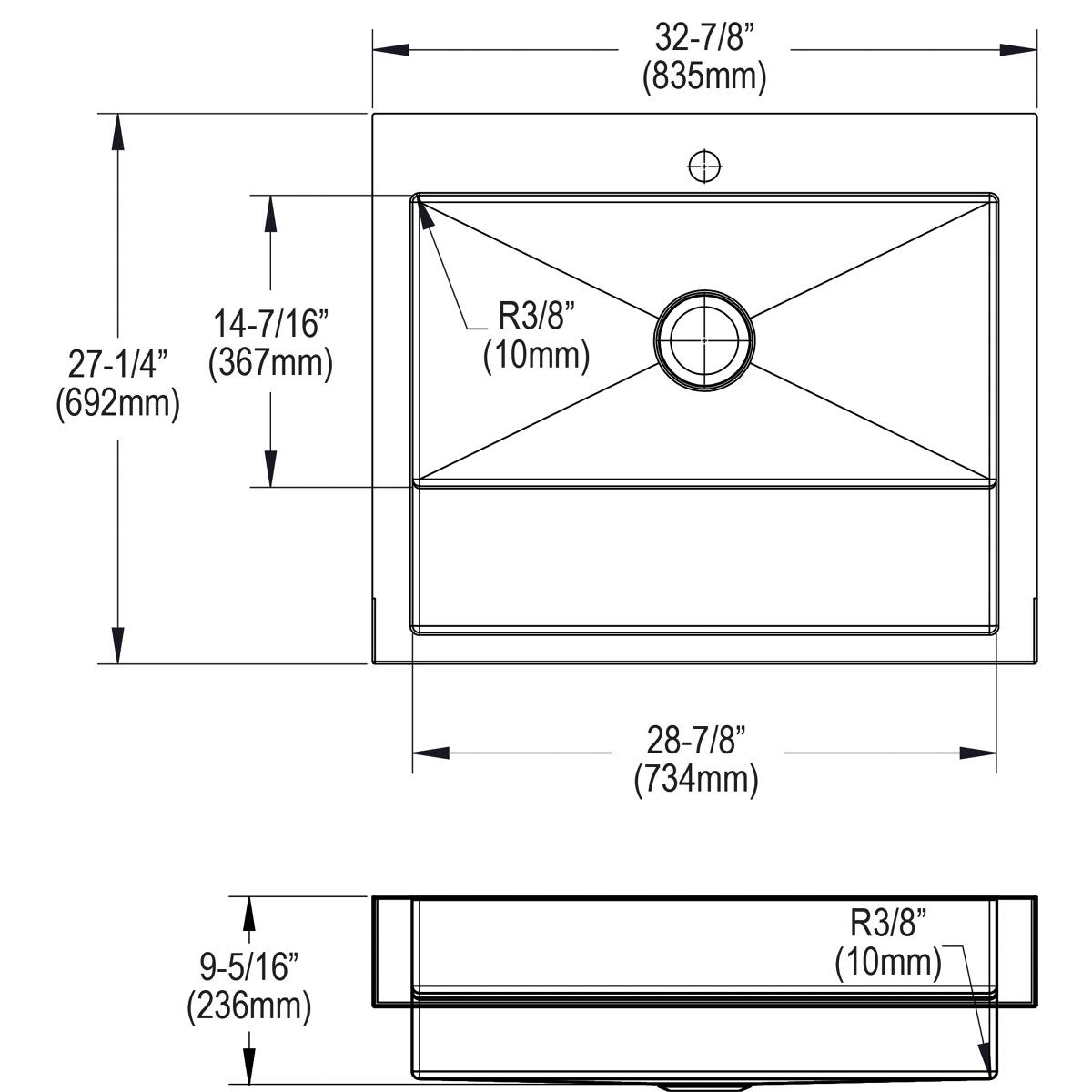 Stainless steel single bowl farmhouse sink with one faucet hole and lower work shelf, top and side view technical drawing.