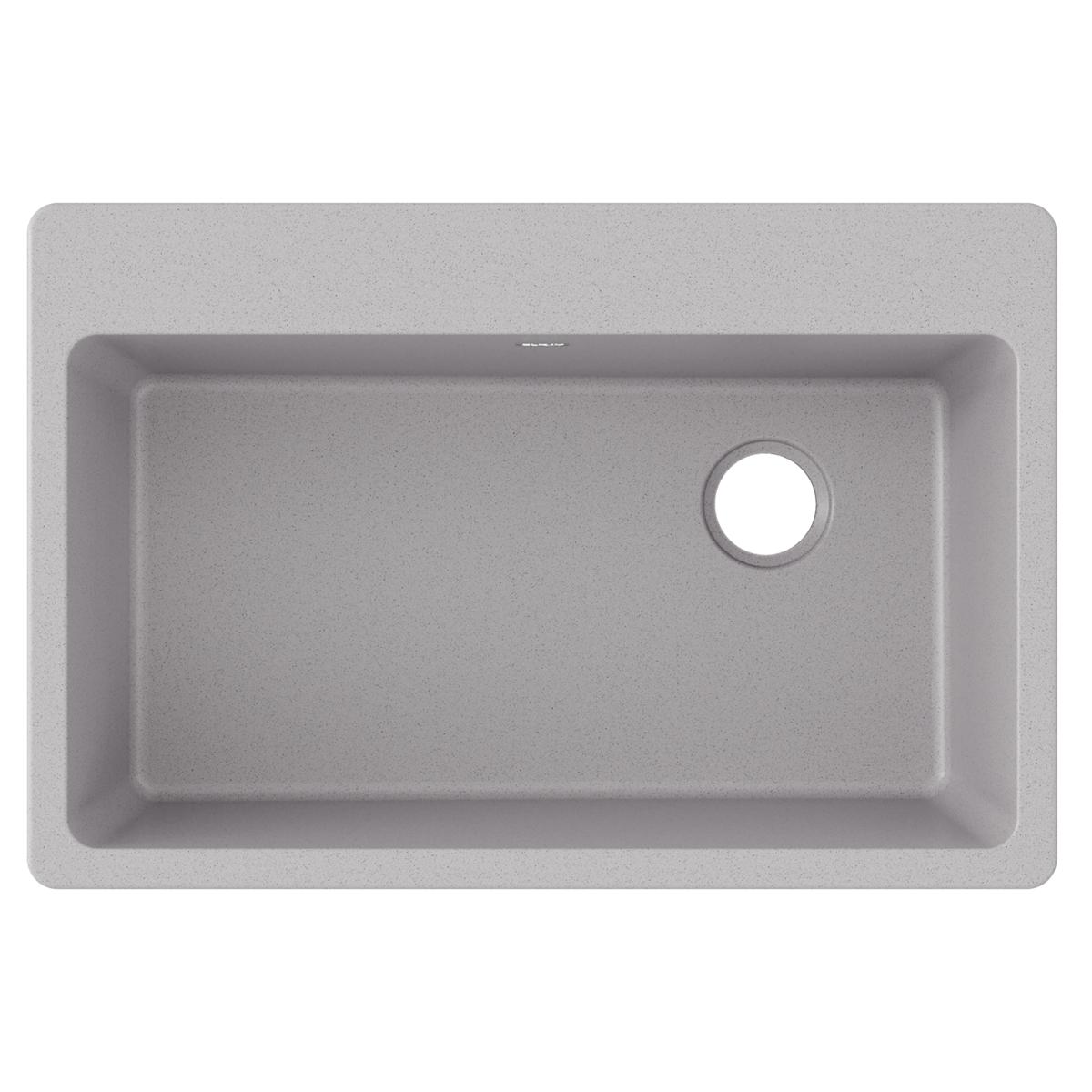 Greystone quartz drop-in sink with single bowl and drain hole, viewed from above.