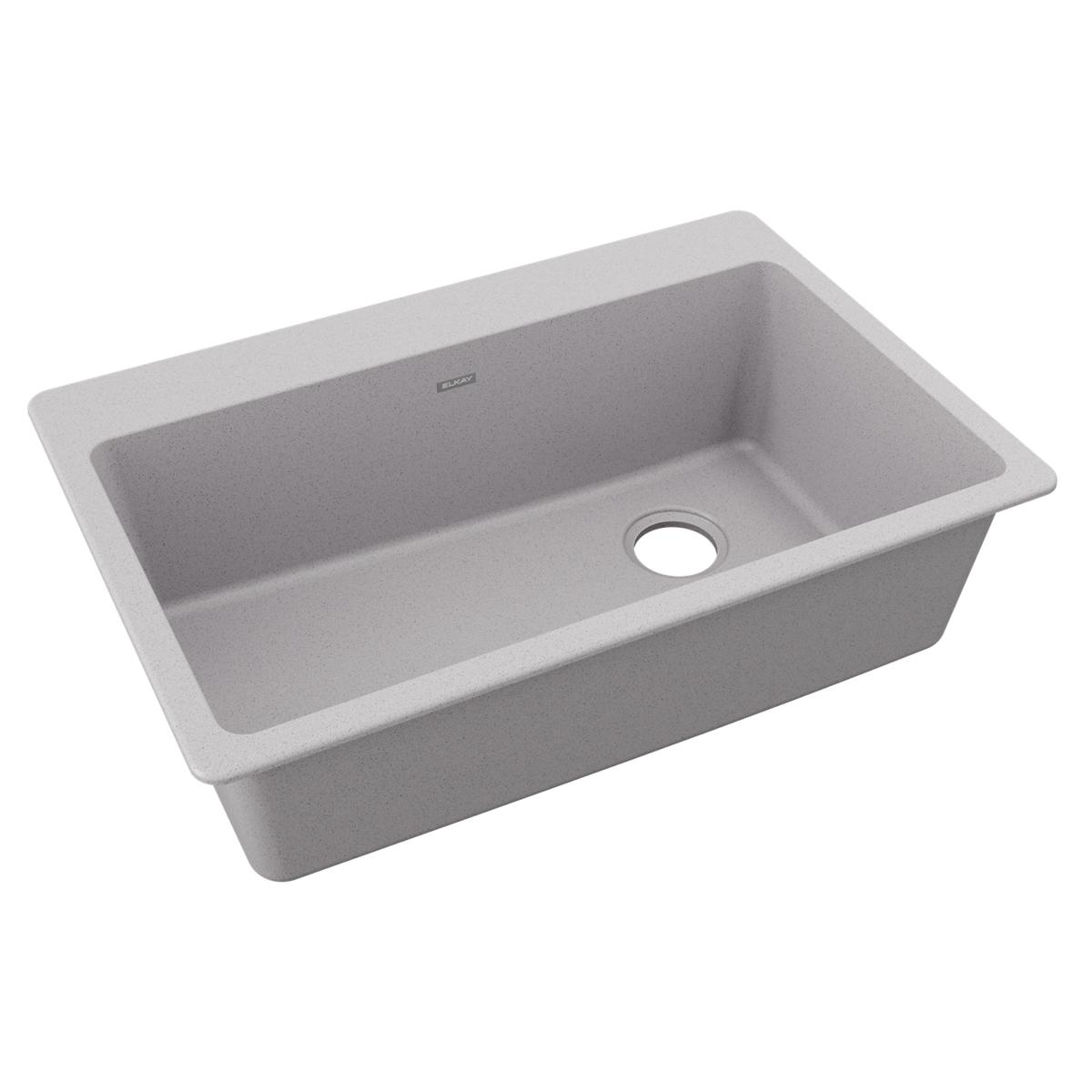 Greystone quartz drop-in sink with single rectangular bowl and drain hole.