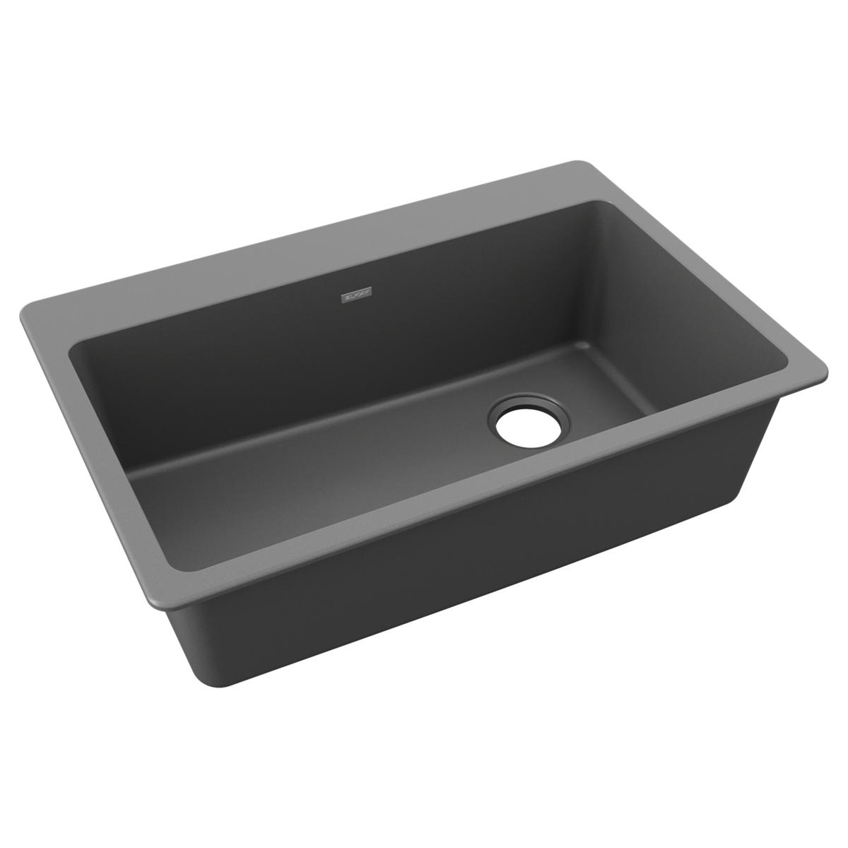 Dusk gray quartz single bowl drop-in kitchen sink with drain hole and rounded corners.