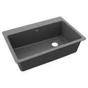 Dusk gray quartz single bowl drop-in kitchen sink with drain hole and rounded corners.