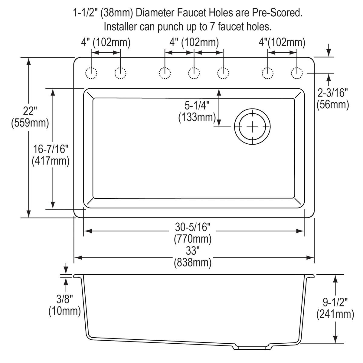 Greystone quartz drop-in sink with single bowl and pre-scored faucet holes, top and side view technical diagram.