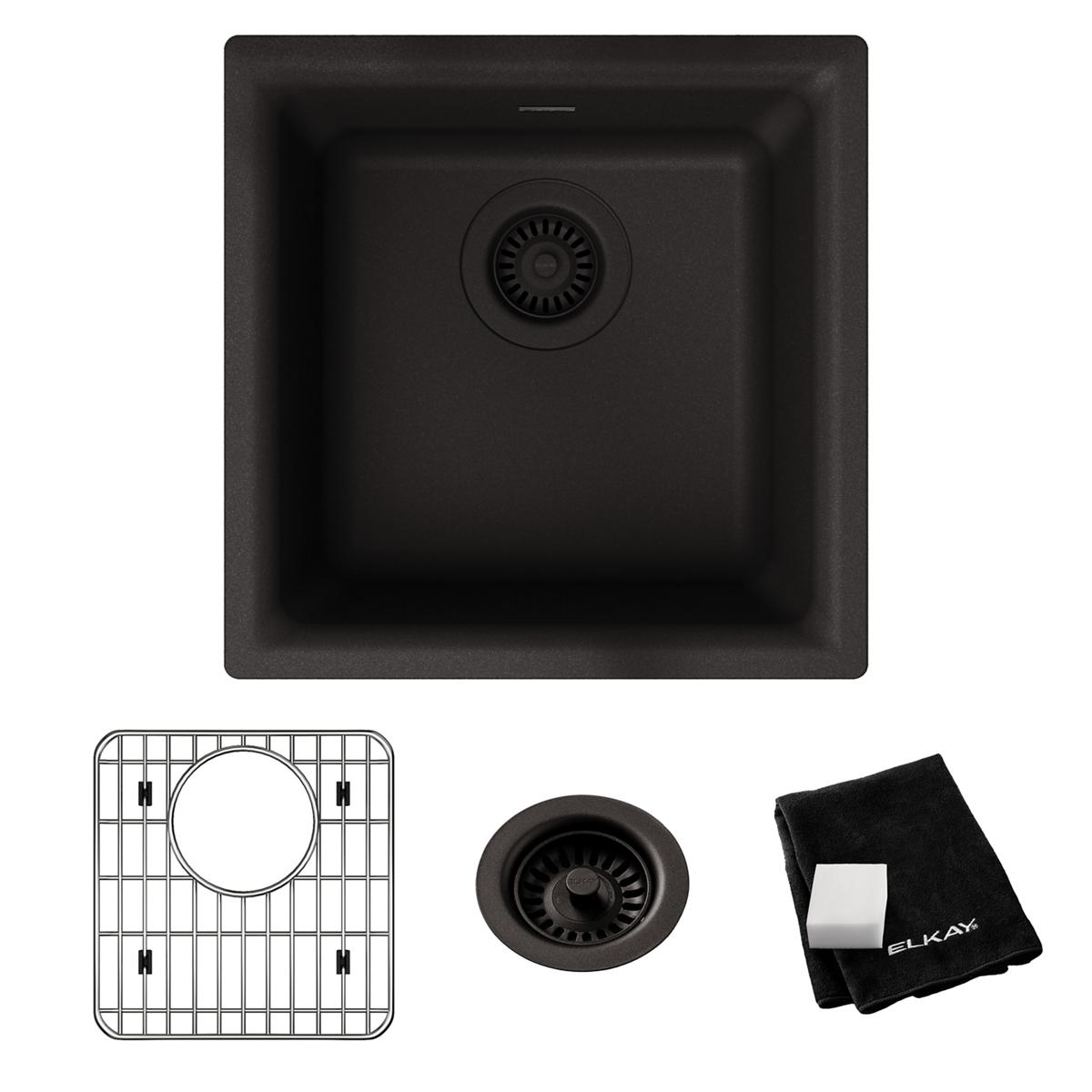 Black quartz single bowl bar sink with drain basket, protective grid, and cloth included.
