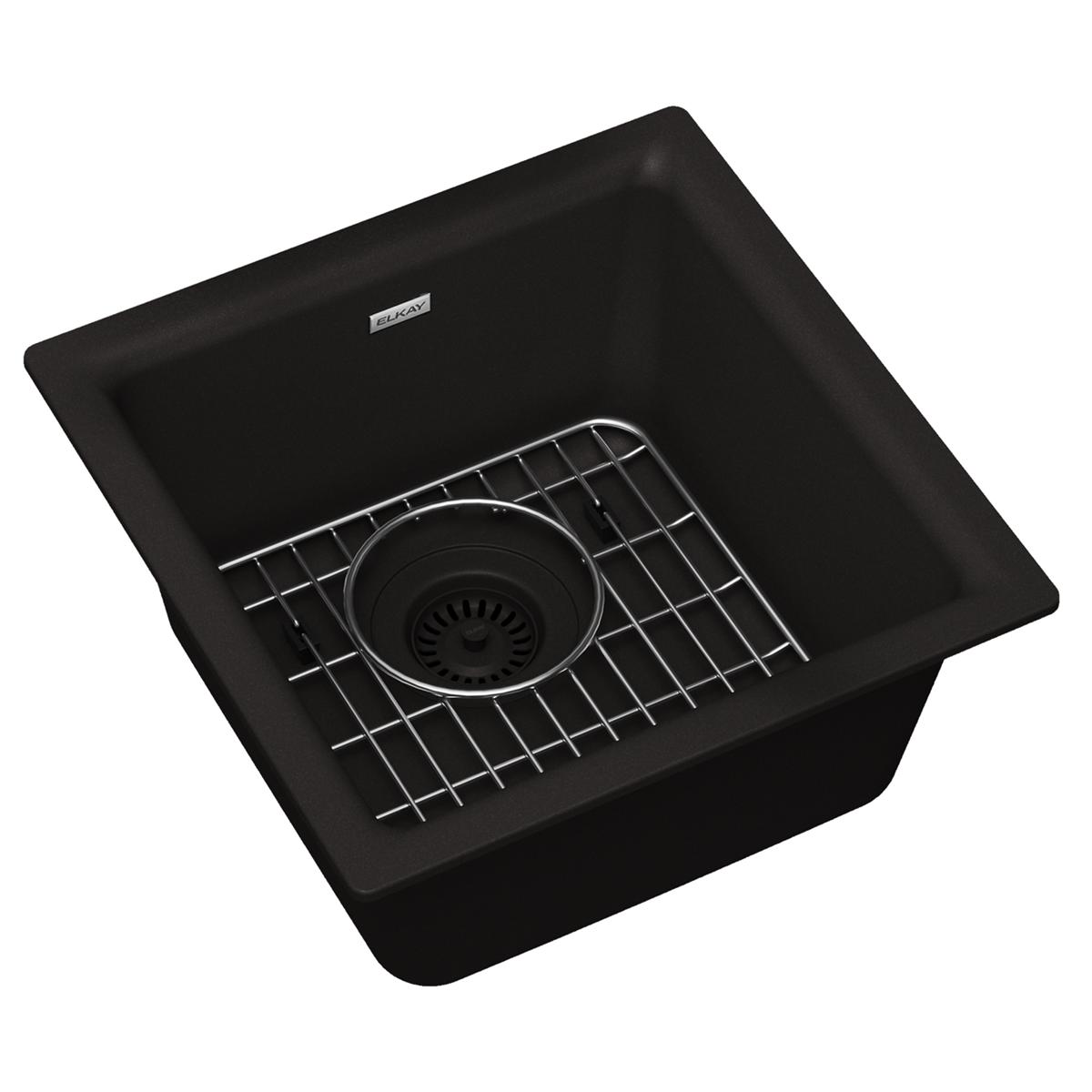 Black quartz single bowl bar sink with stainless steel grid and drain strainer.