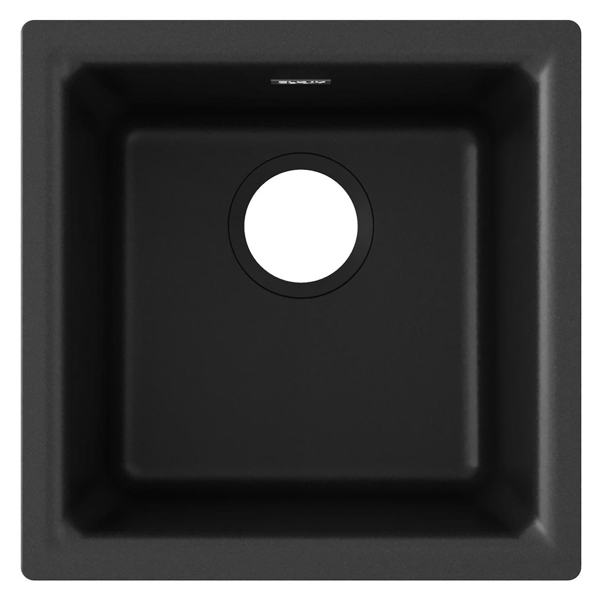 Black quartz square bar sink with single bowl and drain hole, viewed from above.
