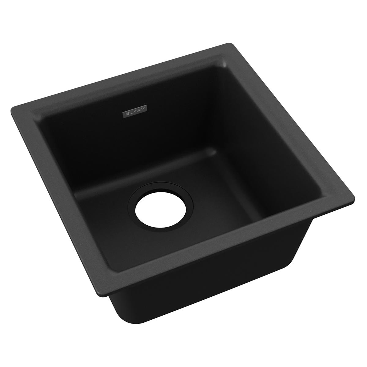 Black quartz single bowl bar sink with drain hole and Elkay logo visible inside.