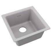 Greystone quartz composite single bowl bar sink with drain hole and Elkay logo visible.