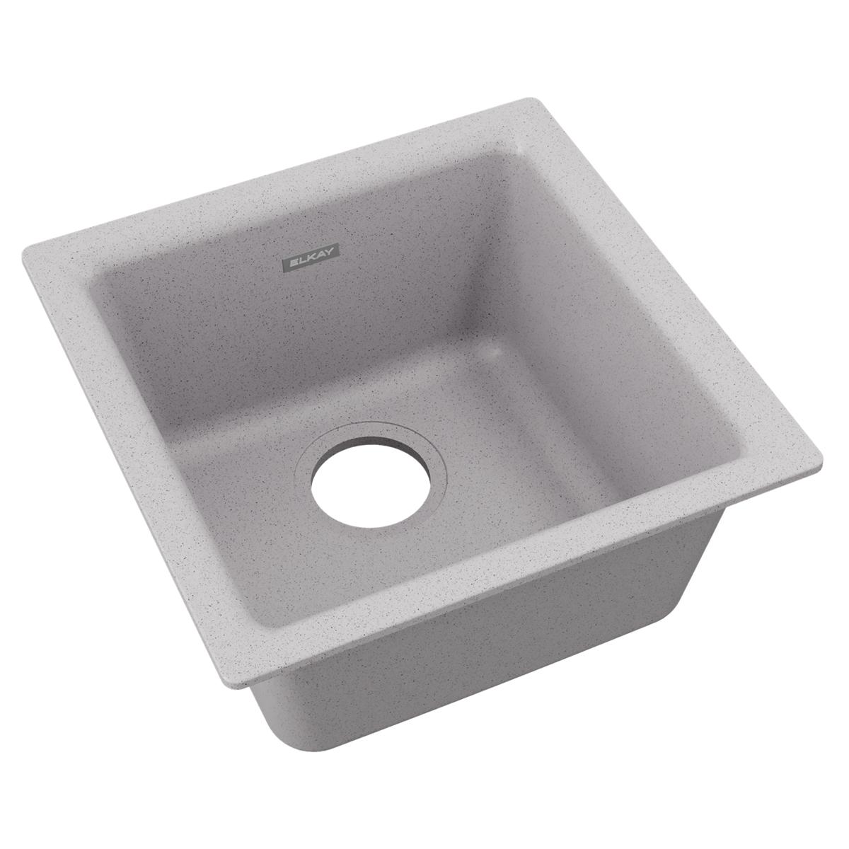 Greystone quartz composite single bowl bar sink with drain hole and Elkay logo visible.