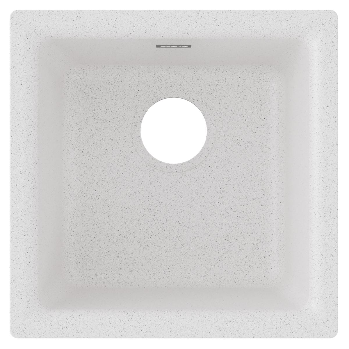 White quartz composite single bowl bar sink with drain hole and Elkay branding visible on rim.