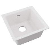 White quartz single bowl bar sink with square basin and faucet hole, viewed from above at an angle.