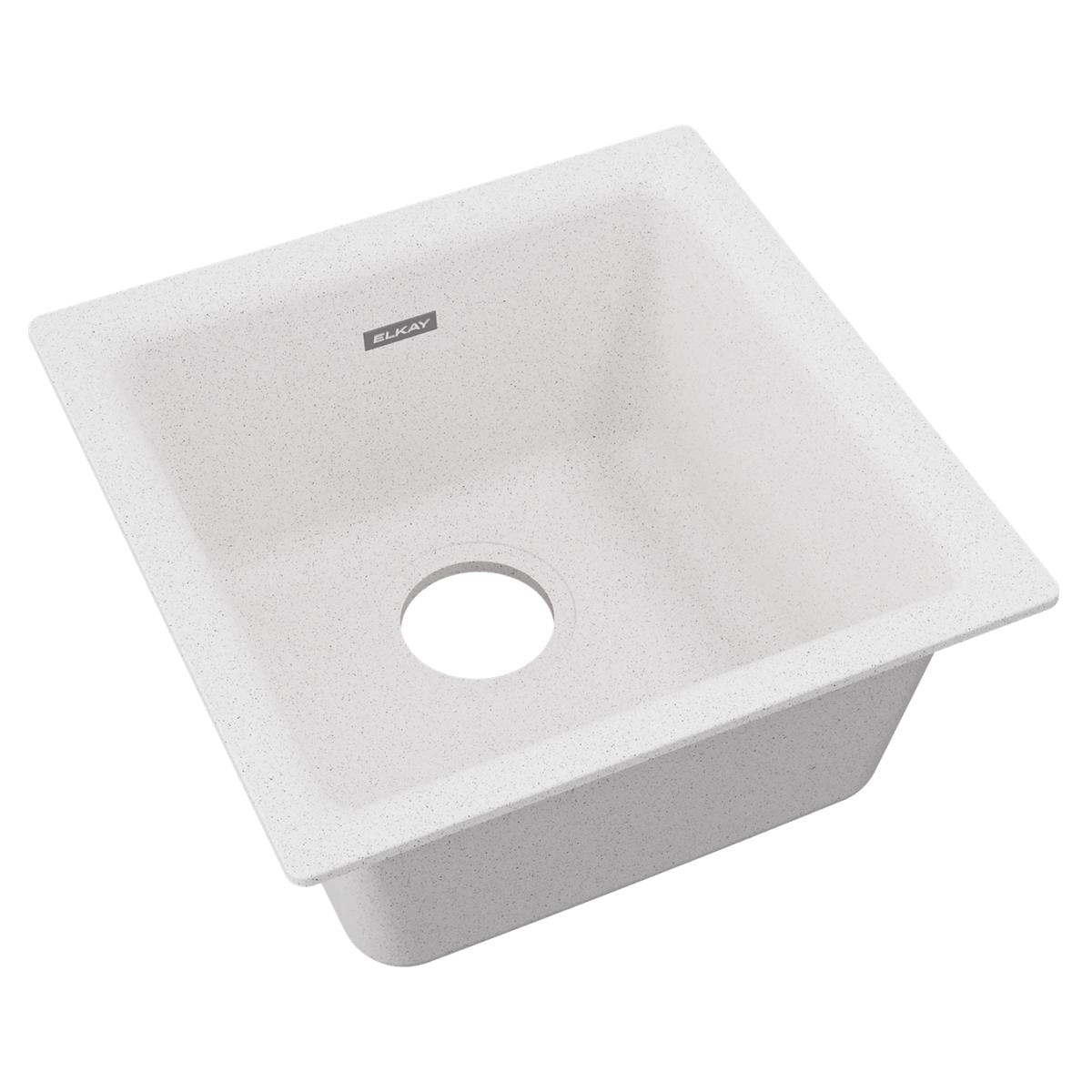 White quartz single bowl bar sink with square basin and faucet hole, viewed from above at an angle.