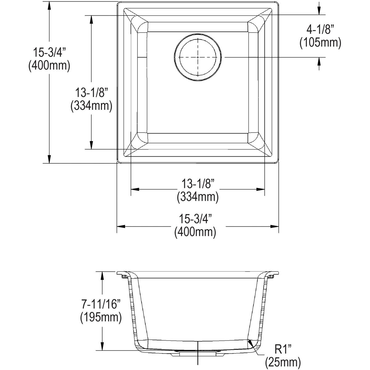 White quartz square bar sink with single bowl and rounded corners, shown in top and side view with dimensions.