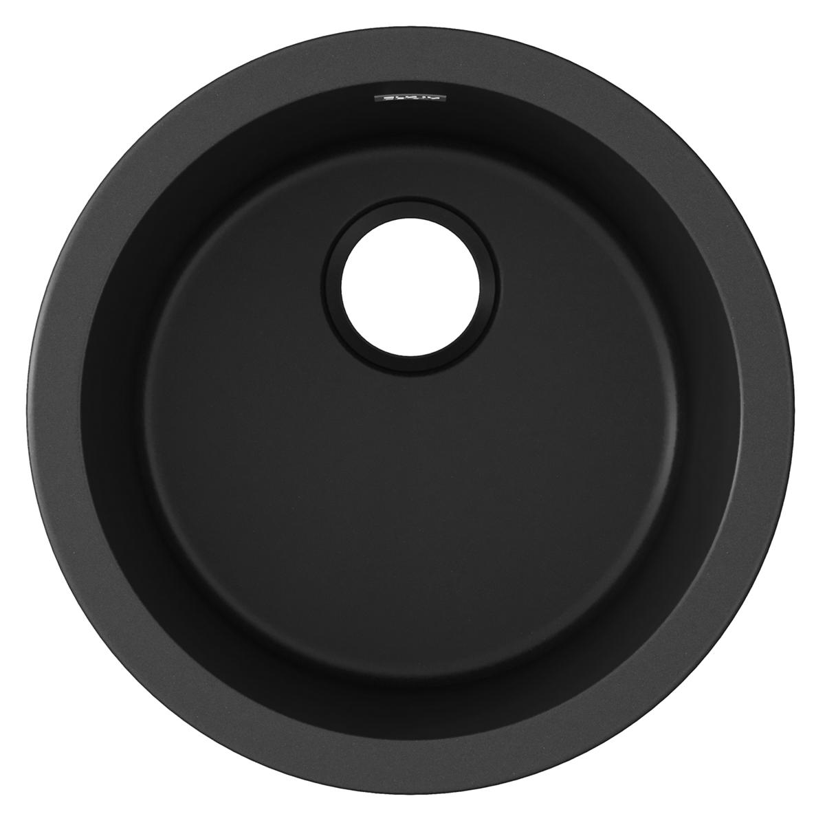 Black quartz round single bowl bar sink with faucet hole, viewed from above.