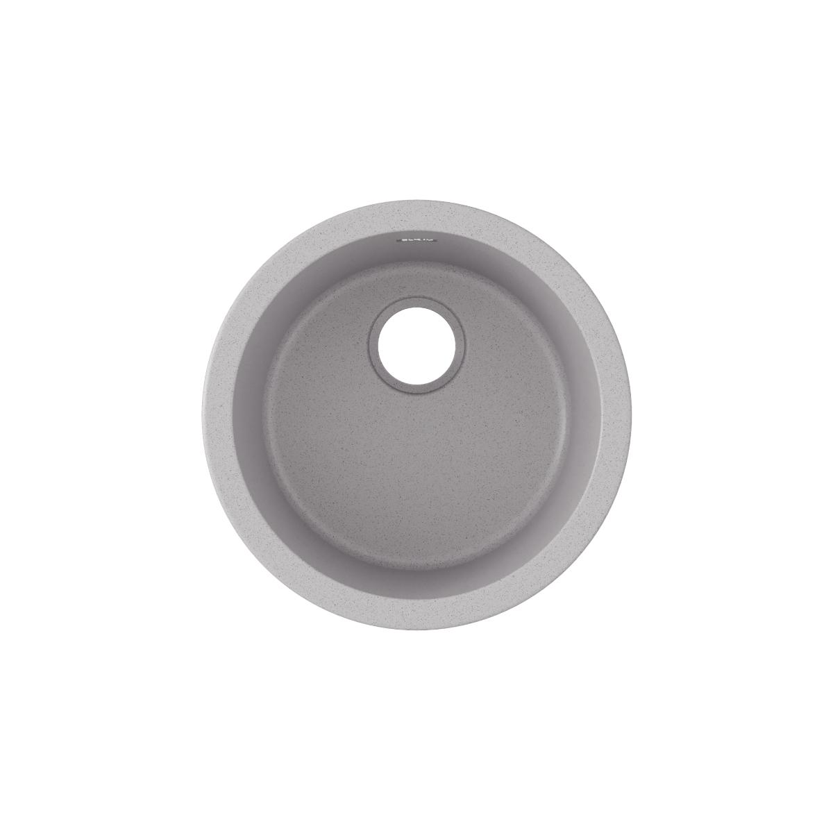 Greystone quartz composite round single bowl bar sink with drain hole, viewed from above.